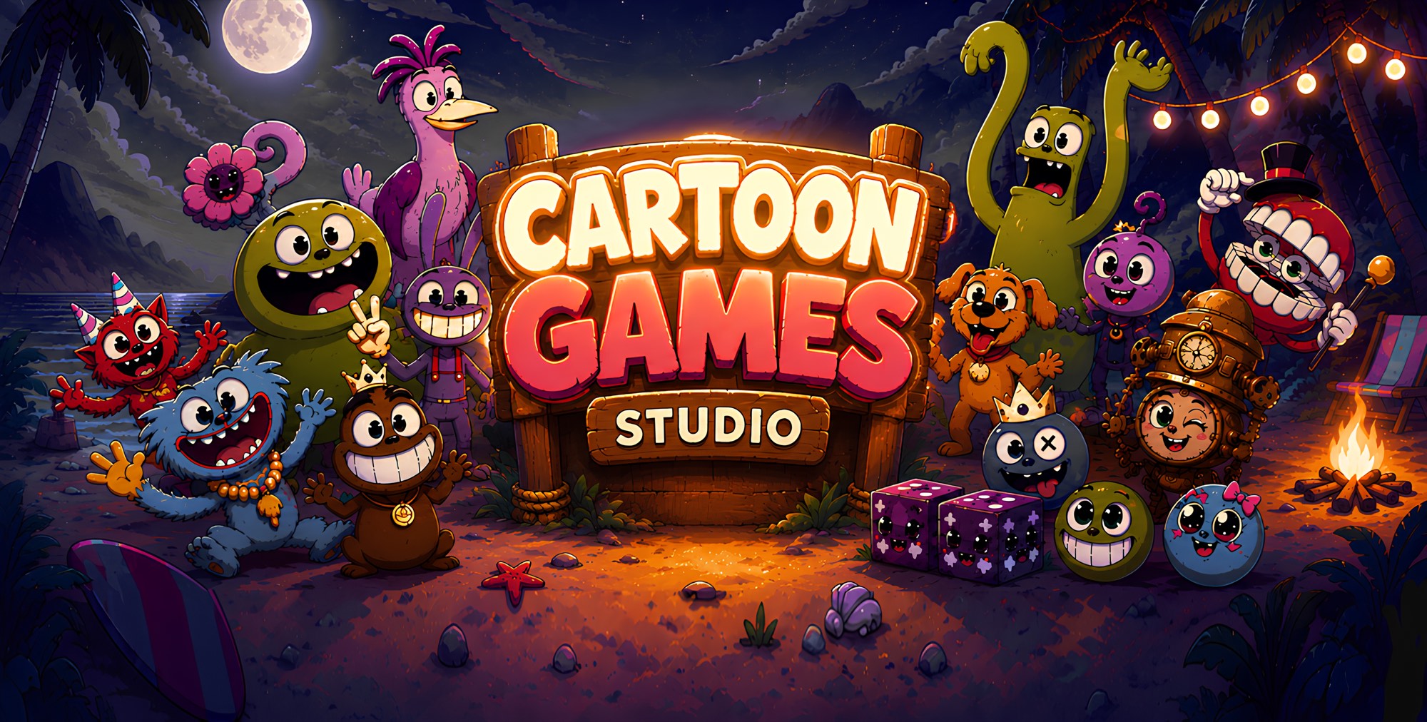 Cartoon Games Studio logo surrounded by a colorful cast of cartoon mascot characters on a moonlit tropical beach at night.